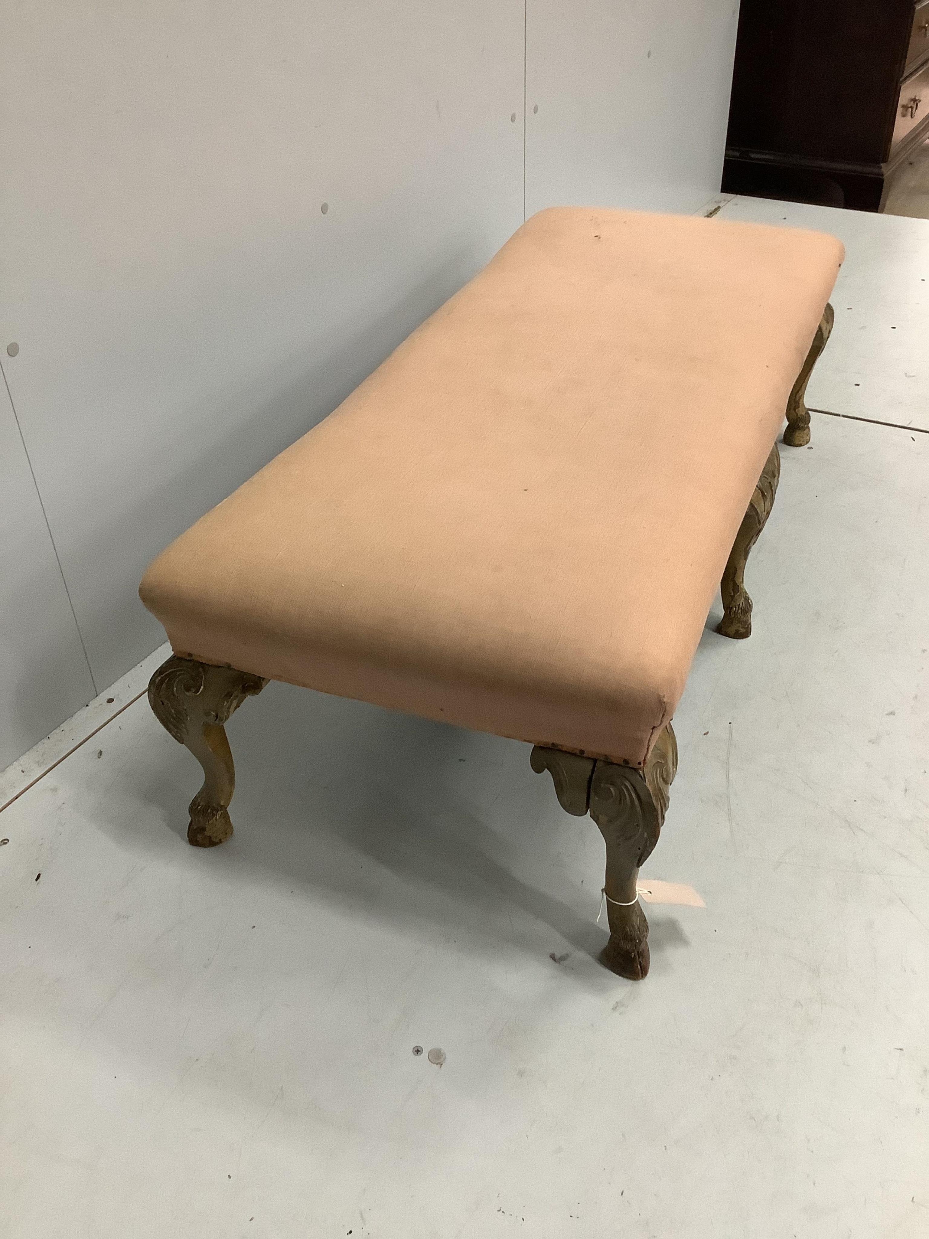 A George I style rectangular upholstered footstool, width 120cm, depth 50cm, height 36cm. Condition - poor to fair